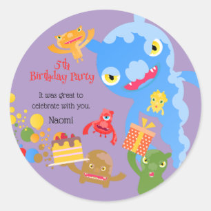 Sticker Rond Little Party Monster and confetti Anniversaire Par
