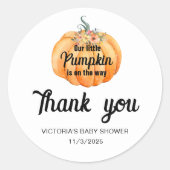 Sticker Rond Little Pumpkin arrive Bébé Shower (Devant)
