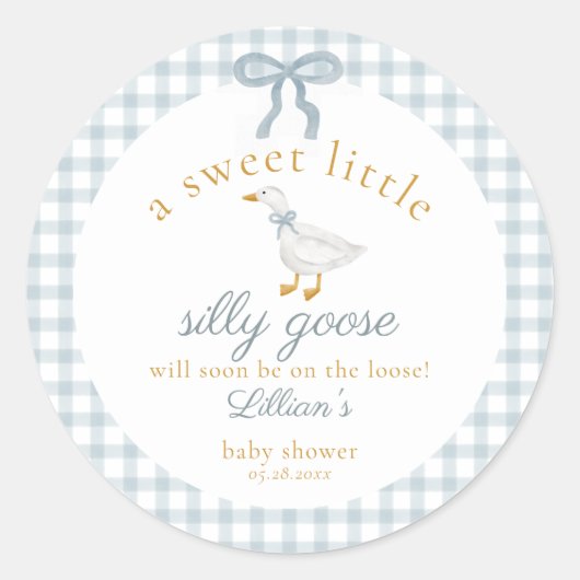 Sticker Rond Little Silly Goose Bow Baby Shower Blue Gingham  (Devant)
