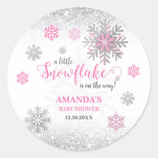 Sticker Rond Little Snowflake Pink Silver Glittery Baby Shower  (Devant)