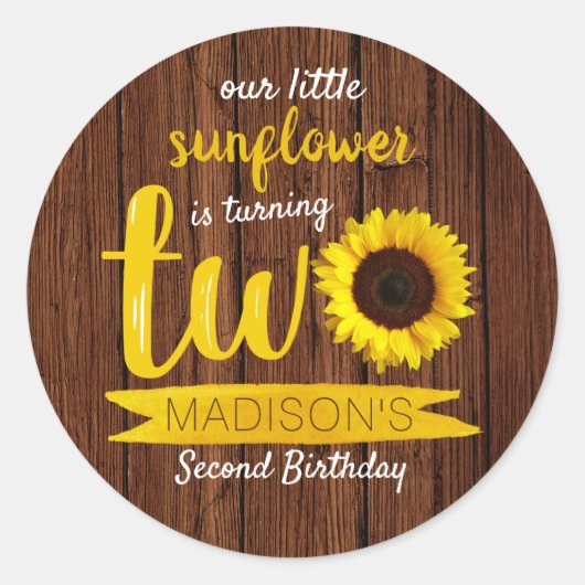 Sticker Rond Little Sunflower Rustic Wood 2e anniversaire (Devant)