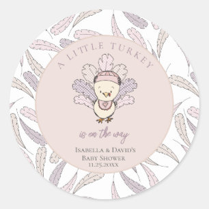 Sticker Rond Little Turkey Feathers Autumn Girl Baby shower
