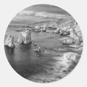 Sticker Rond Littoral de la plage en N&B, Californie
