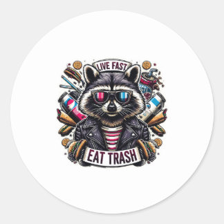 Sticker Rond Live Fast Eat Trash Funny Raccoon Camping Vintage