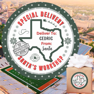 Sticker Rond Livraison spéciale de Père Noël à Enfant au Texas