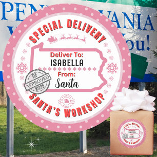 Sticker Rond Livraison spéciale Père Noël à l'enfant en Pennsyl