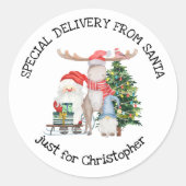 Sticker Rond Livraison spéciale personnalisée de Père Noël Cute (Devant)