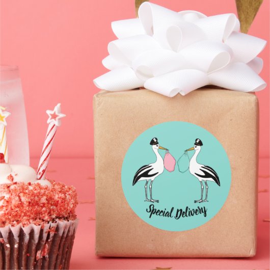 Sticker Rond Livraison spéciale Stork Baby Reveal Sprinkle Part (Fête)