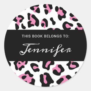 Sticker Rond Livre à taches de léopard rose, noir et blanc fémi