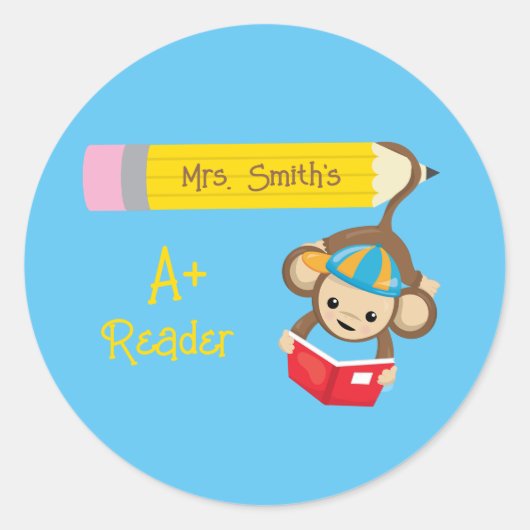 Sticker Rond Livre de lecture de singe personnalisable A+ Reade (Devant)