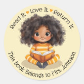 Sticker Rond Livre de lecture pour filles Professeur de bibliot (Devant)