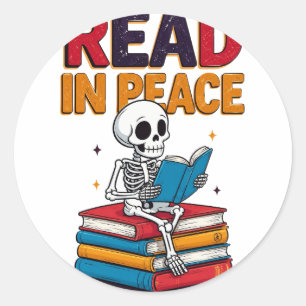 Sticker Rond Livres de lecture de squelette - Lire en paix drôl