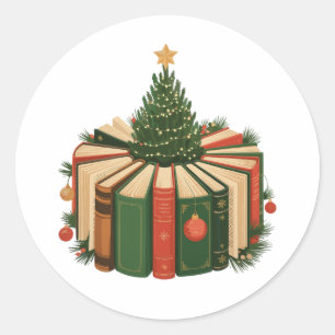 Sticker Rond Livres de Noël Arbre Livresque Xmas Amoureux des L