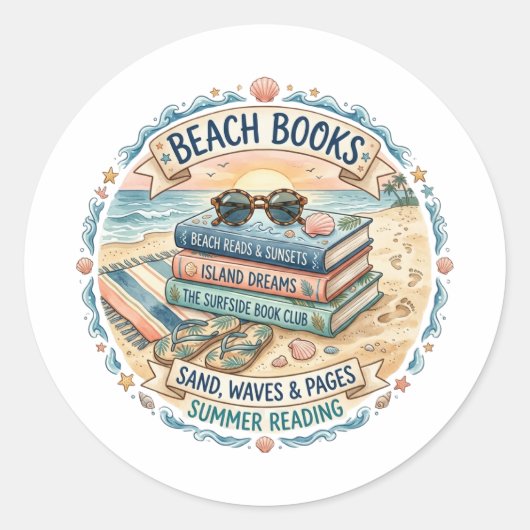 Sticker Rond Livres de plage Design de lecture d'été (Devant)