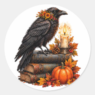 Sticker Rond Livres Halloween Citrouille Corbeau Gothique