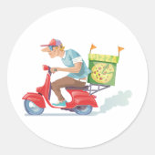 Sticker Rond Livreur de pizza sur scooter rouge (Devant)