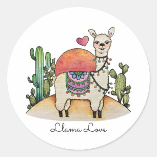 Sticker Rond Llama Aquarelle Avec Cactus