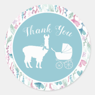 Sticker Rond Llama Baby shower Cute Blue Boy