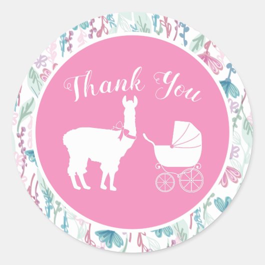 Sticker Rond Llama Baby shower mignonne fille rose (Devant)