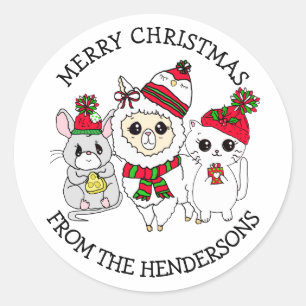 Sticker Rond Llama, chaton et souris de Noël personnalisées