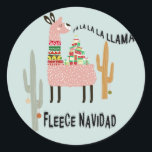 Sticker Rond Llama Christmas Cute Fleece Navidad<br><div class="desc">Sticker rond Llama | Cute Llama avec des cadeaux de Noël sur son dos - Fleece Navidad Llama - un écharpe en corail couleur Llama avec des cadeaux sur son dos entouré de cactus Saguaro décorés d'ornements - Ceci fait partie d'une collection coordonnée Llama de Noël.</div>