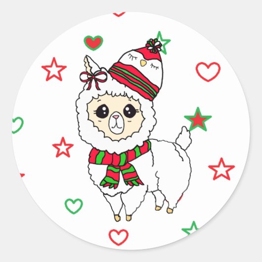 Sticker Rond Llama de Noël avec de mignons vacances Casquettes (Devant)