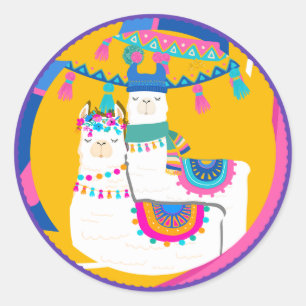 Sticker Rond Llama Violet Bleu Jaune Anniversaire Coloré