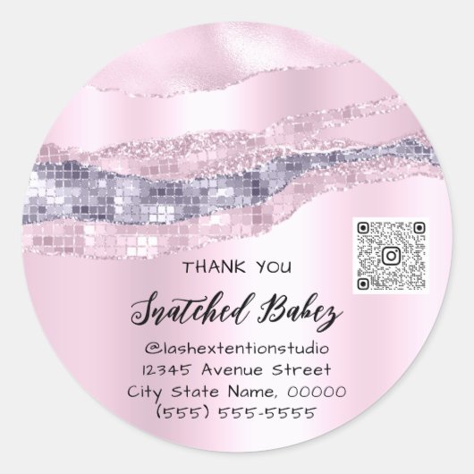 Sticker Rond Logo cosmétique Merci QR Code Rose PurpleGlitter (Devant)