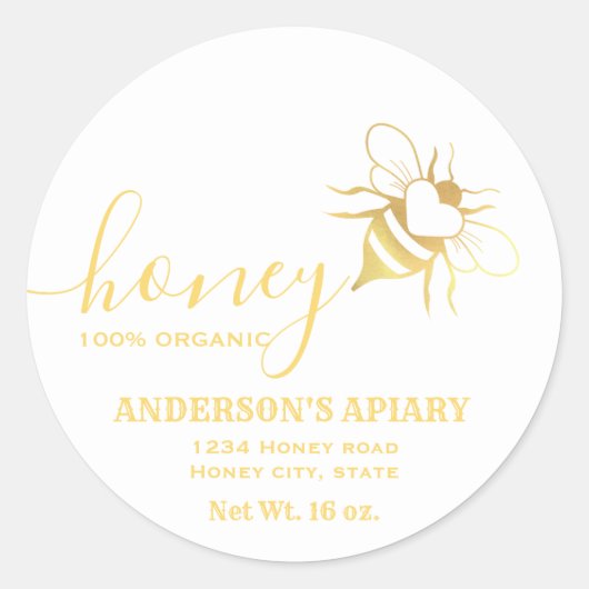 Sticker Rond Logo d'abeille or script miel pot (Devant)