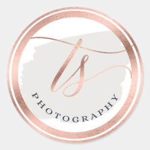 Sticker Rond Logo de Chic Navy Blue & Rose Gold Foil Company