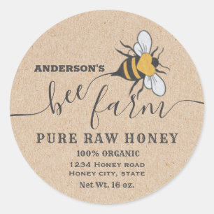 Sticker Rond Logo de Kraft Bee script abeille ferme miel jarre 