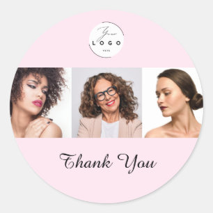 Sticker Rond Logo de script rose poudré Photo Maquillage Merci