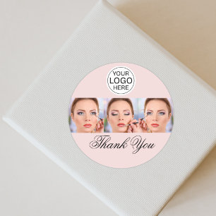 Sticker Rond Logo de script rose poudré Photo Maquillage Merci