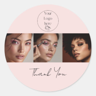 Sticker Rond Logo de script rose poudré Photo Maquillage Merci
