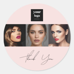Sticker Rond Logo de script rose poudré Photo Maquillage Merci