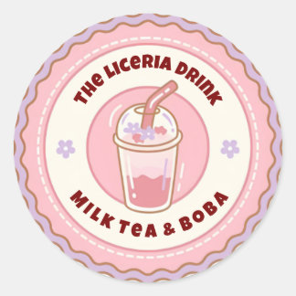 Sticker Rond Logo de thé au lait Boba rose et violet mignon