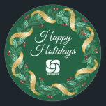 Sticker Rond Logo d'entreprise personnalisé Green Christmas Wre<br><div class="desc">Cette belle marque cadeau de Noël d'entreprise est faite sur mesure avec votre logo d'entreprise dans une couronne festive de baies vitrées avec l'emballage en or de la guirlande sur un arrière - plan vert. Étiquettes de vacances contemporains pour votre client ou employé d'entreprise présente.</div>