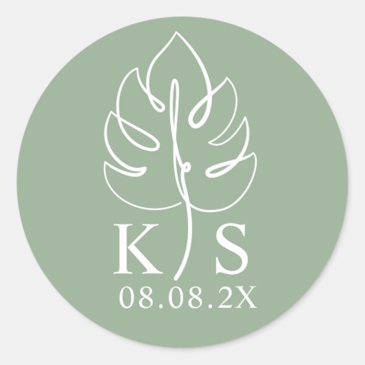Sticker Rond Logo du Mariage Monogramme Monstera Personnalisé (Devant)