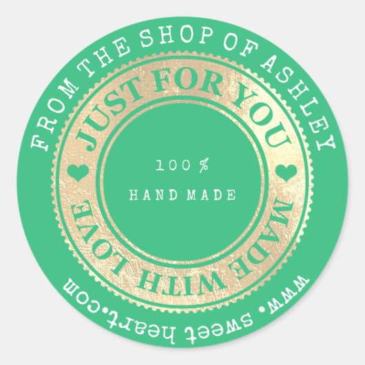 Sticker Rond Logo fait main Nom Web Heart Love Mint Gold Wow (Devant)