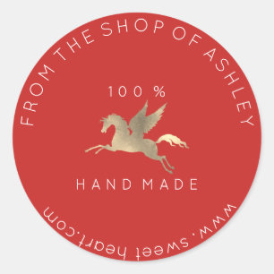 Sticker Rond Logo fait main Nom Web Pegasus Horse Rouge Or