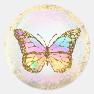 Sticker Rond logo faux holographique papillon