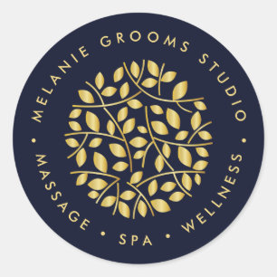 Sticker Rond Logo feuille or Blue wellness massage yoga spa