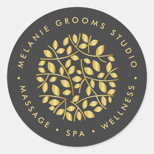 Sticker Rond Logo feuille or | massage bien-être yoga spa (Devant)