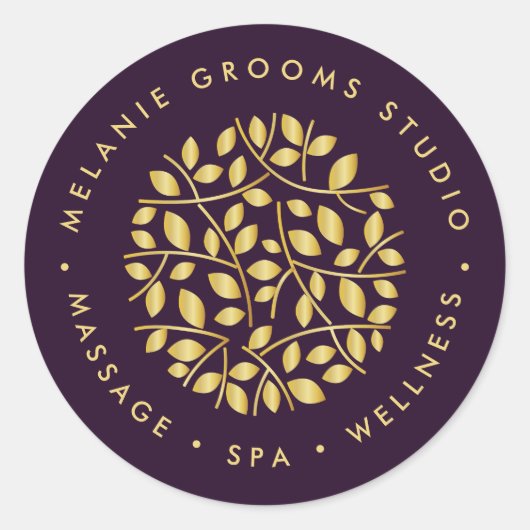 Sticker Rond Logo feuille or Purple wellness massage yoga spa (Devant)