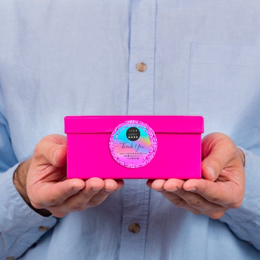 Sticker Rond Logo Nom Merci Shopping Parties scintillant Hologr