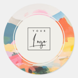 Sticker Rond Logo Paysage Montagnard Abstrait Boho Rose Bleu