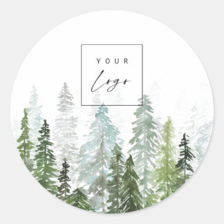 Sticker Rond Logo personnalisé de forêt de pins aquarelle rusti