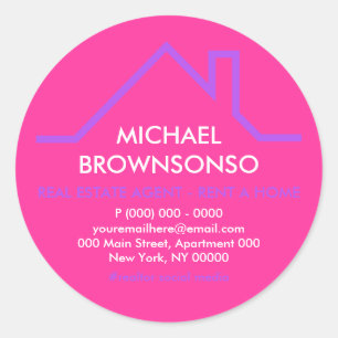Sticker Rond Logo Realtor Toit Maison Violet Rose
