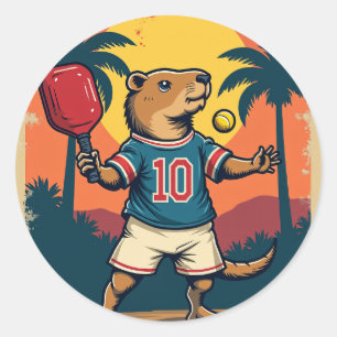Sticker Rond Logo Rétro Club de Pickleball Capybara Vintage Spo