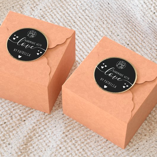 Sticker Rond logo typographie amour fait main cœurs or noir